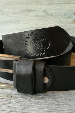 Работа Кожаный ремень мужской черный  для джинсов  "Лев" 