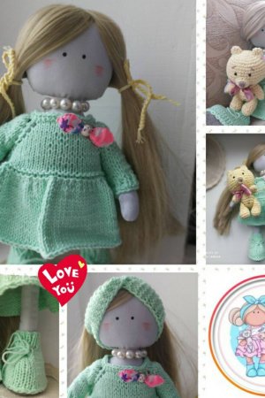 Работа Big Tilda - кукла в мьятной платье с желтым мишкой