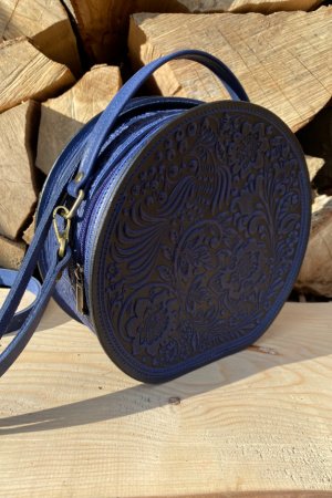 Робота Синя жіноча шкіряна сумка ручної роботи" Жайворонок" кругла