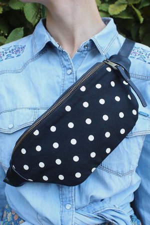 Робота Шкіряна Ретро Бананка З Текстильною Вставкою Горохи