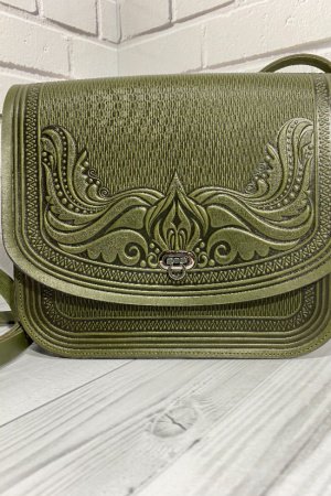 Робота Шкіряна сумка  ручної роботи, через плече "Камея", оливкова