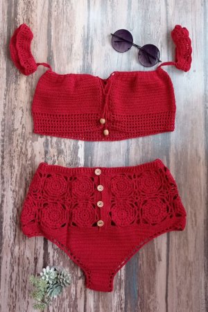 Работа Вязаный купальник Ретро Красный
