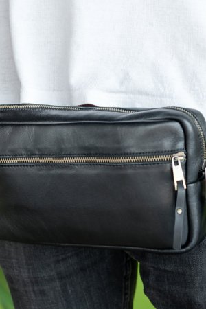 Работа Черная Мужская сумка на пояс из натуральной кожи