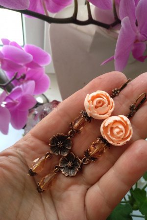 Работа Винтажные серьги с персиковыми пионами