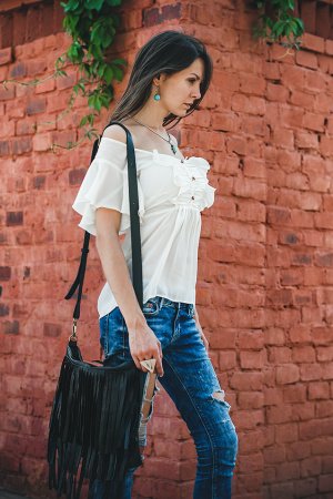 Робота Чорна Шкіряна Сумка Клатч З Бахромою