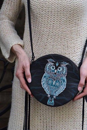 Робота Чорна Стильна Кругла Сумка З Ручним Розписом