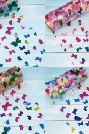 Работа Фатин с бабочками розовый,белый,золотой и бирюза