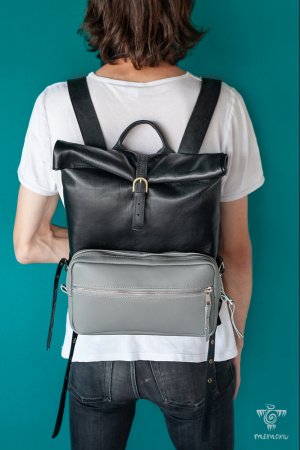 Робота Чорний Шкіряний Рюкзак Трансформер З Сірою  З'ємною Сумкою