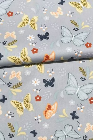 Робота Тканина бавовна для рукоділля метелики на сірому тлі