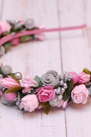 Робота Обруч ободок з квітами рожево-сріблястий