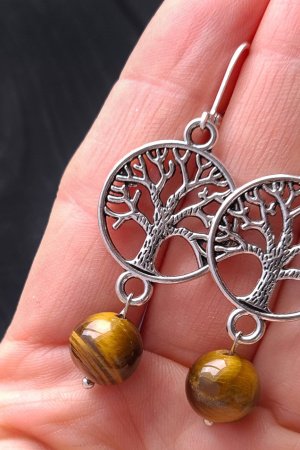 Работа Серьги из тигриного глаза с серебряными застежками