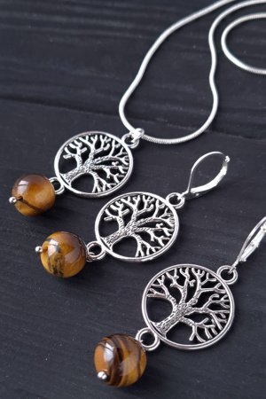 Робота Комплект з тигрячого ока сережки та кулон