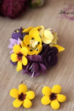 Работа Желто-фиолетовый комплект украшений серьги и заколка-брошь