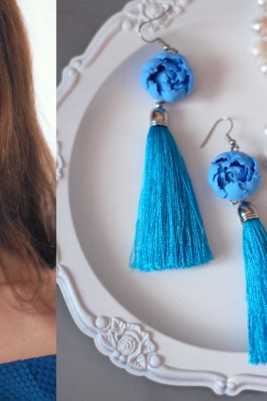 Работа Голубые серьги кисточки ручной работы пионы