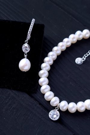 Работа Комплект из натурального жемчуга браслет серьги № 500