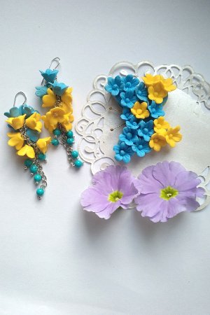 Робота Жовто блакитні сережки і брошка